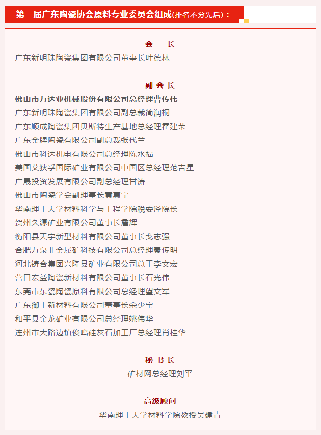 廣東陶瓷協(xié)會(huì )陶瓷原料專(zhuān)委會(huì )成立，萬(wàn)達業(yè)任副會(huì )長(cháng)單位